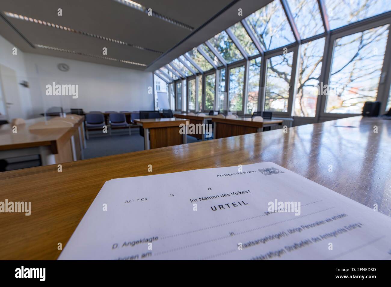 A form for a judgement is on the judge's table in courtroom 3 at the Erding District Court, Bavaria, Germany Stock Photo