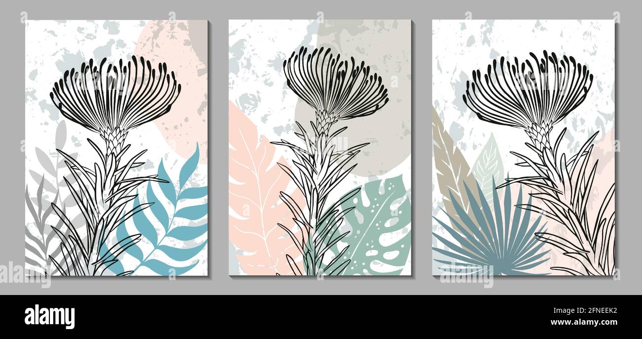 Set of botanical wall art vector posters. Artistic drawing of tropical leaves with abstract shapes. Plant art design for print, cover, wallpaper, post Stock Vector