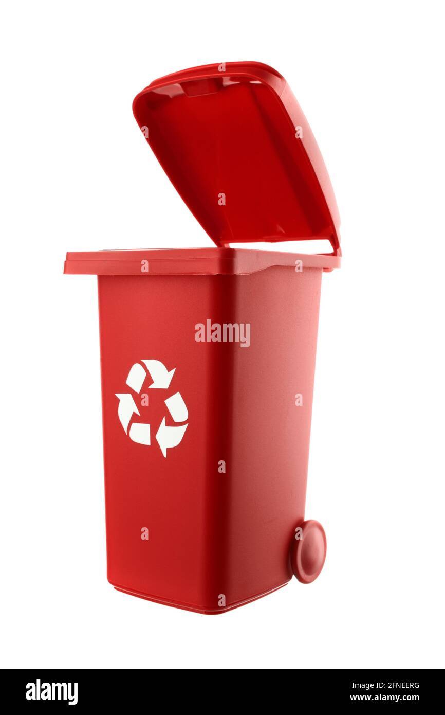 Plastic red trash can isolated on white background Stock Photo Alamy