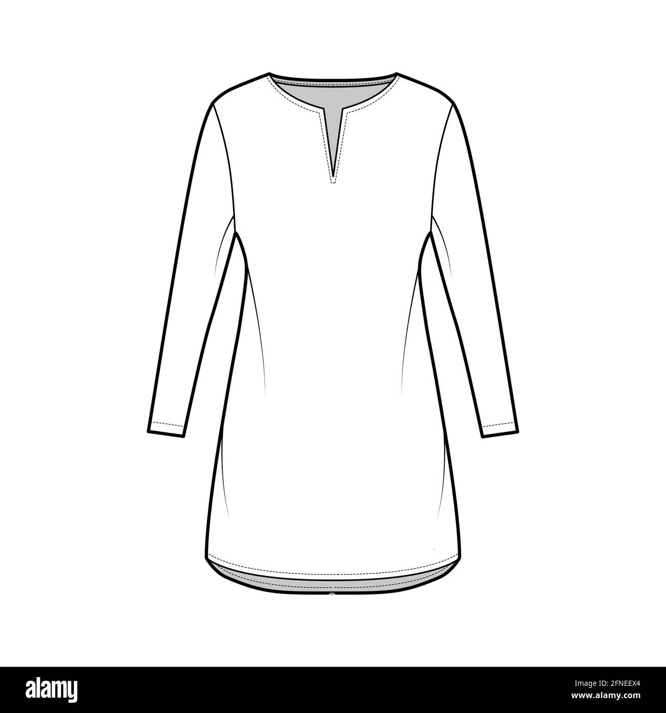 Dress tunic technical fashion illustration with long sleeves, oversized body, mini length skirt, slashed neck. Flat apparel front, white color style. Women, men unisex CAD mockup Stock Vector