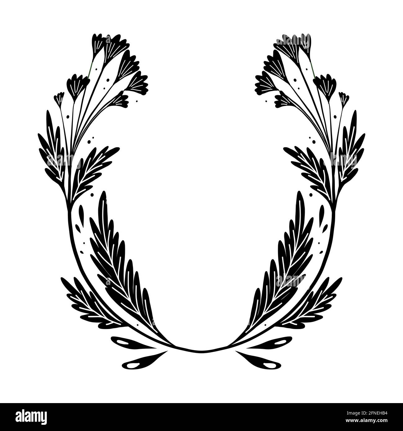 Black silhouette of frame with natural herbs and flowers of the fields. Wreath with buttercups and foliage. Print of branches of plants. Stems and pet Stock Vector