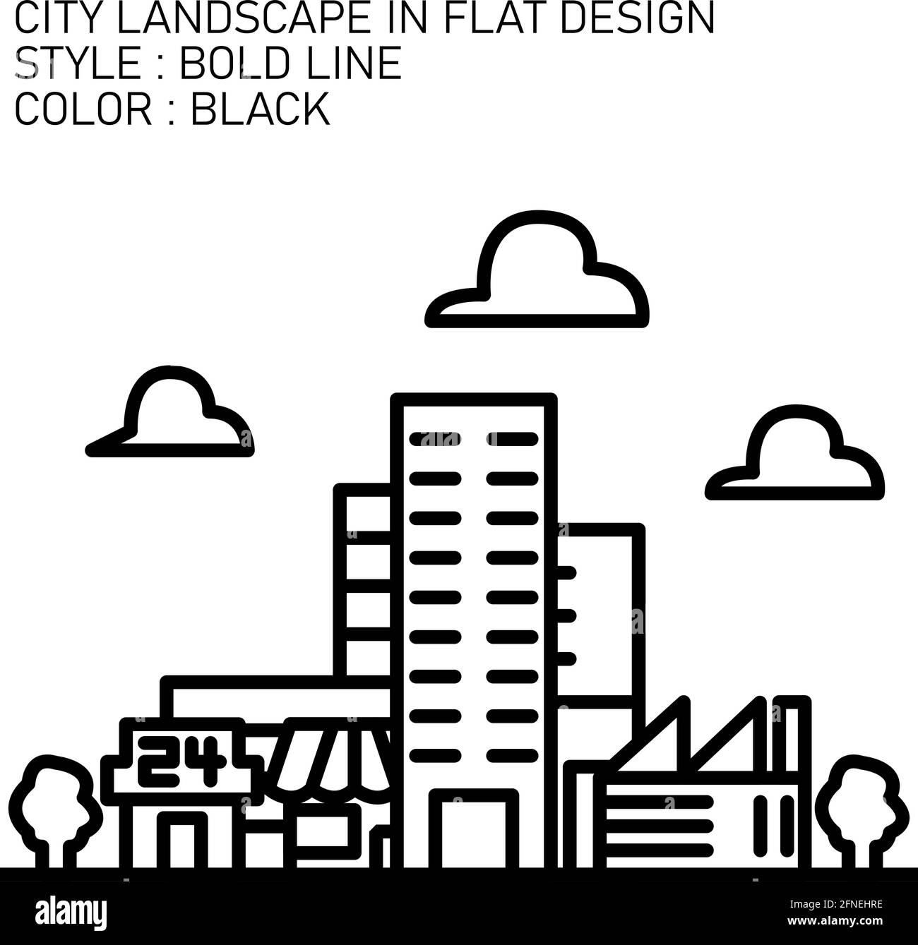 city landscape in flat design with black bold lines, white fills. Stock Vector