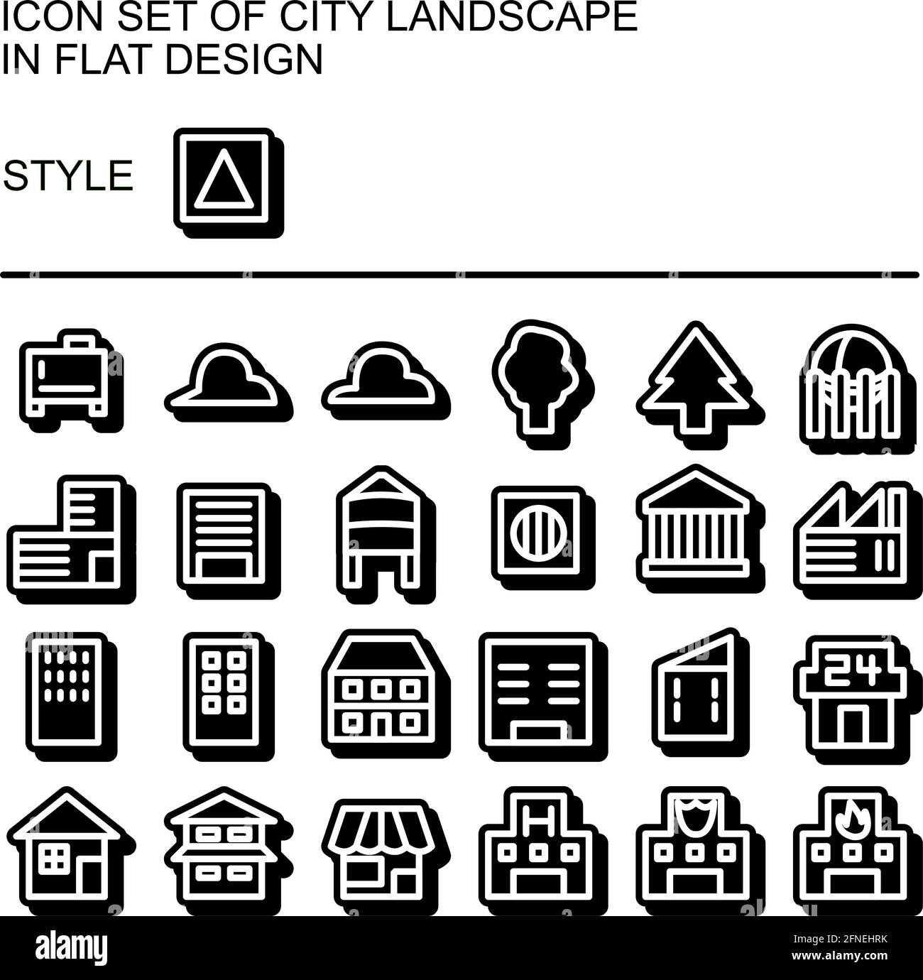 City landscape icon set in flat design with white lines, black fills ...