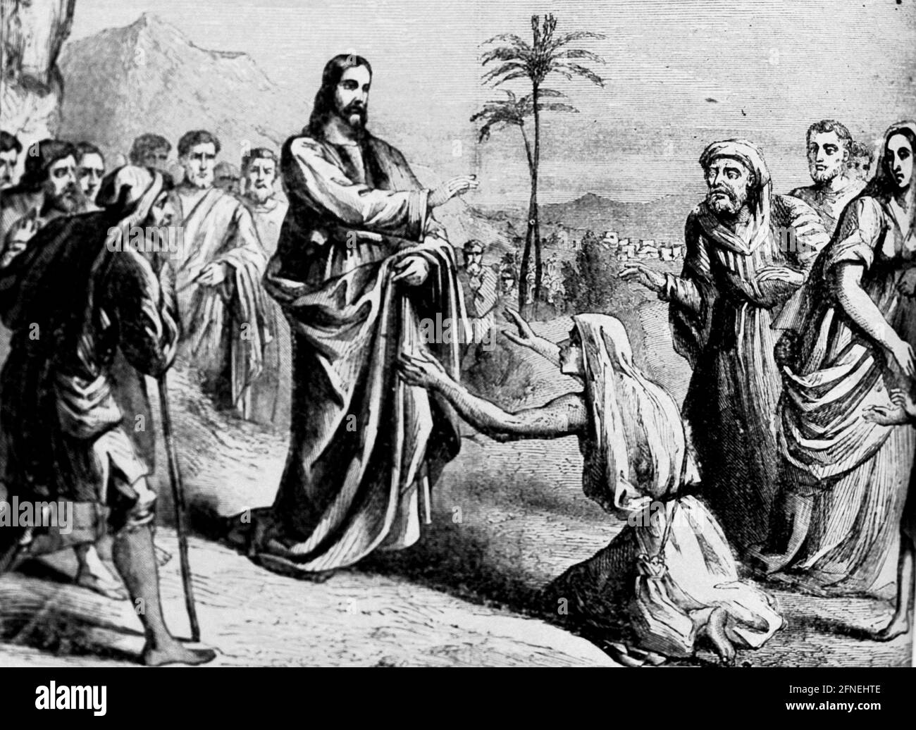 Jesus cleansing a leper is one of the miracles of Jesus. The story is found in all three of the Synoptic Gospels: Matthew 8:1–4, Mark 1:40–45 and Luke 5:12–16. Old lithograph. Stock Photo