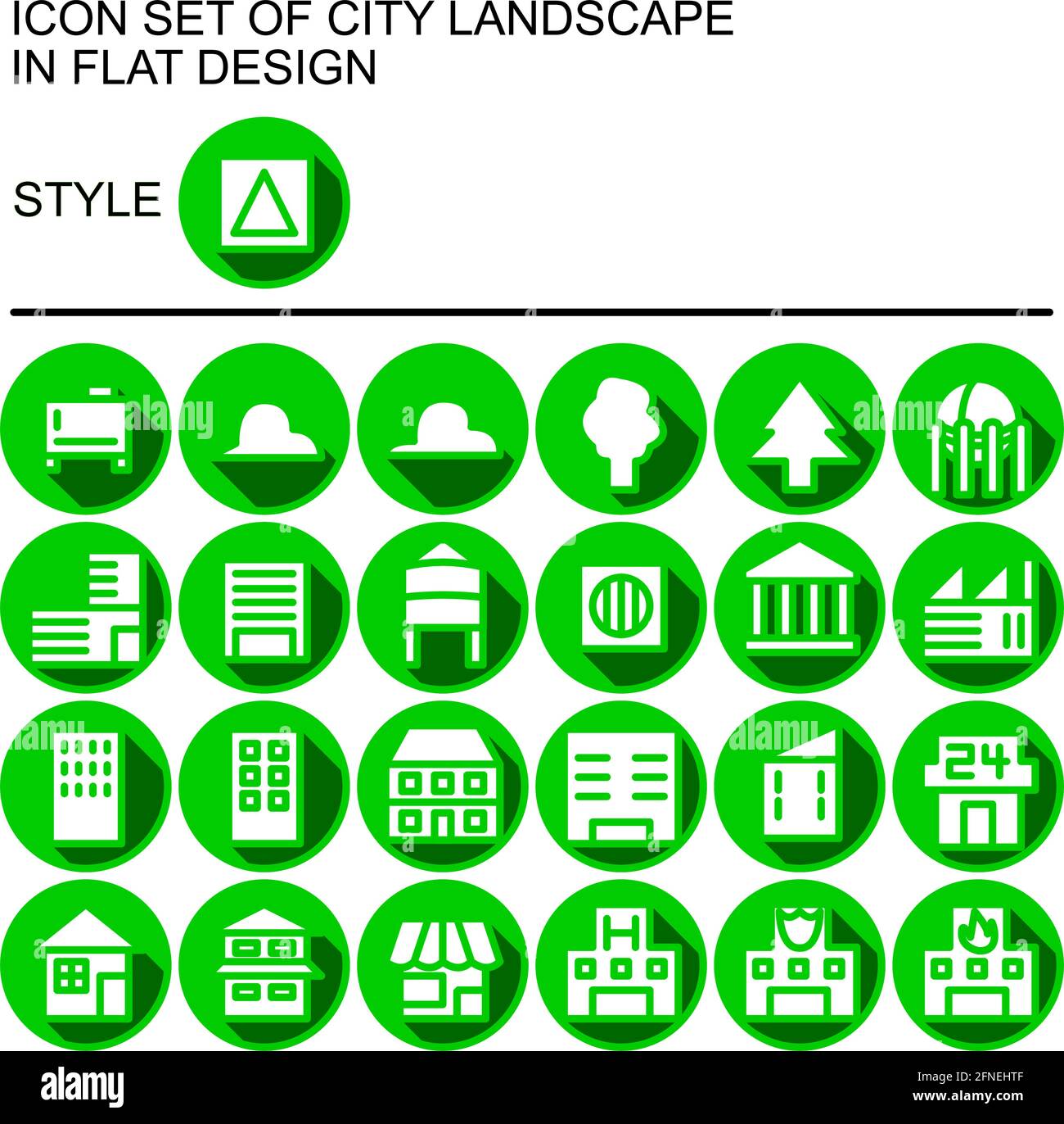 City landscape icon set in flat design with green lines, white fills ...