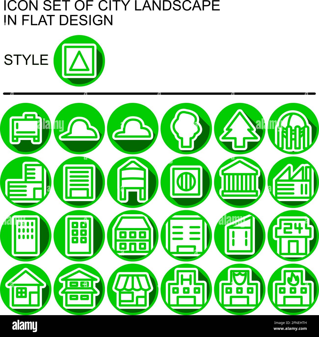 City landscape icon set in flat design with green lines, white fills ...