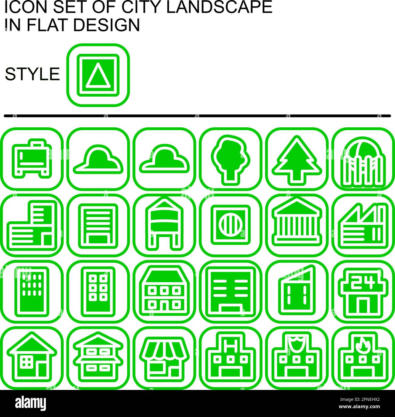 City landscape icon set in flat design with white lines, green fills ...