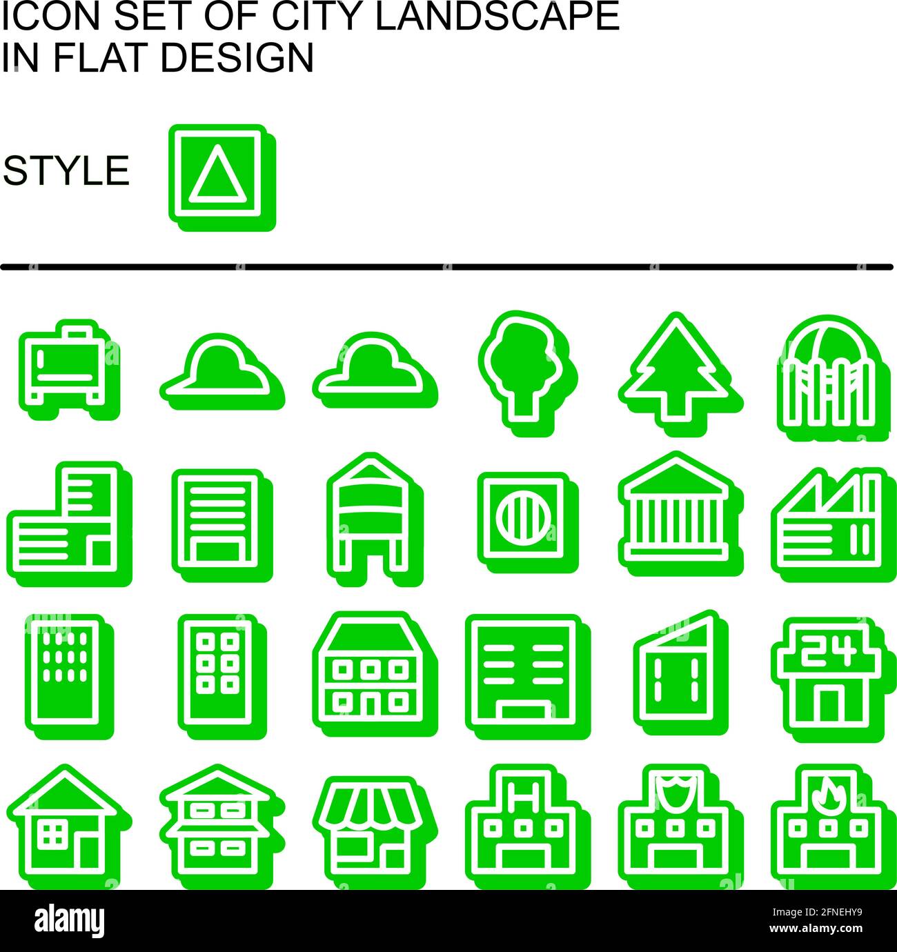 City landscape icon set in flat design with white lines, green fills ...