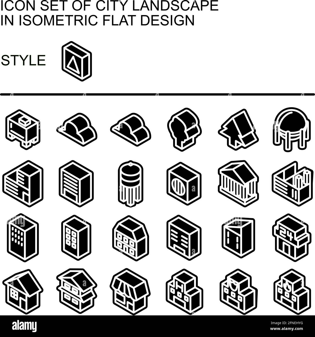 City landscape icon set in isometric flat design with white lines ...