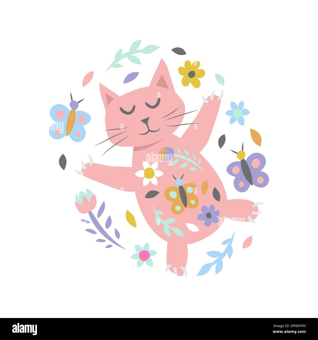 Cat with flowers and butterflies on white. Childish cute print for card and poster. Vector Illustration. Stock Vector