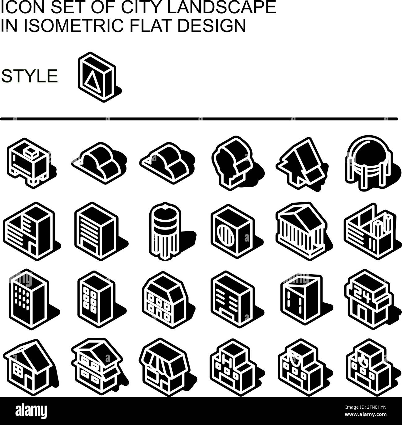 City landscape icon set in isometric flat design with white lines ...