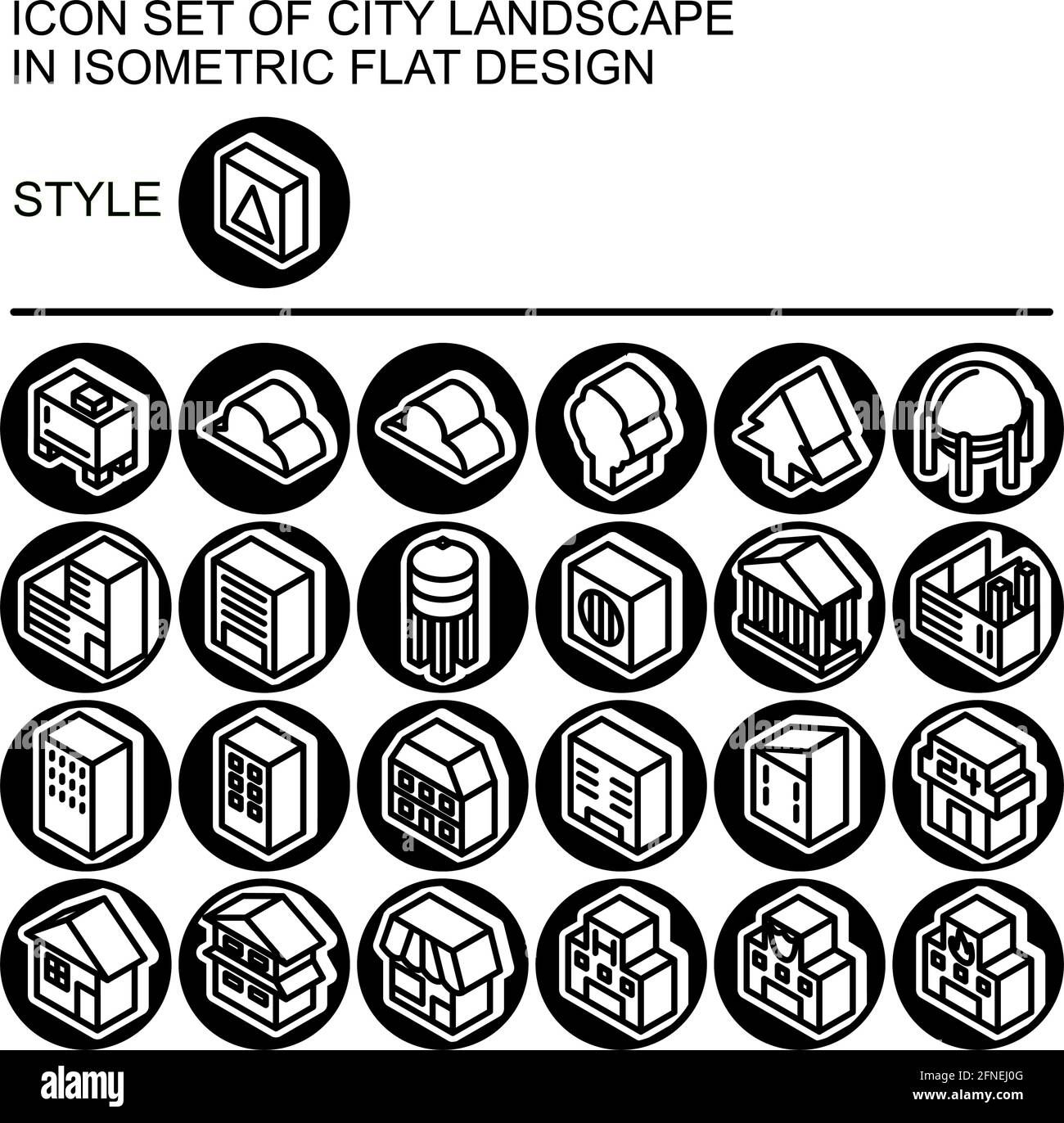 City landscape icon set in isometric flat design with black lines ...