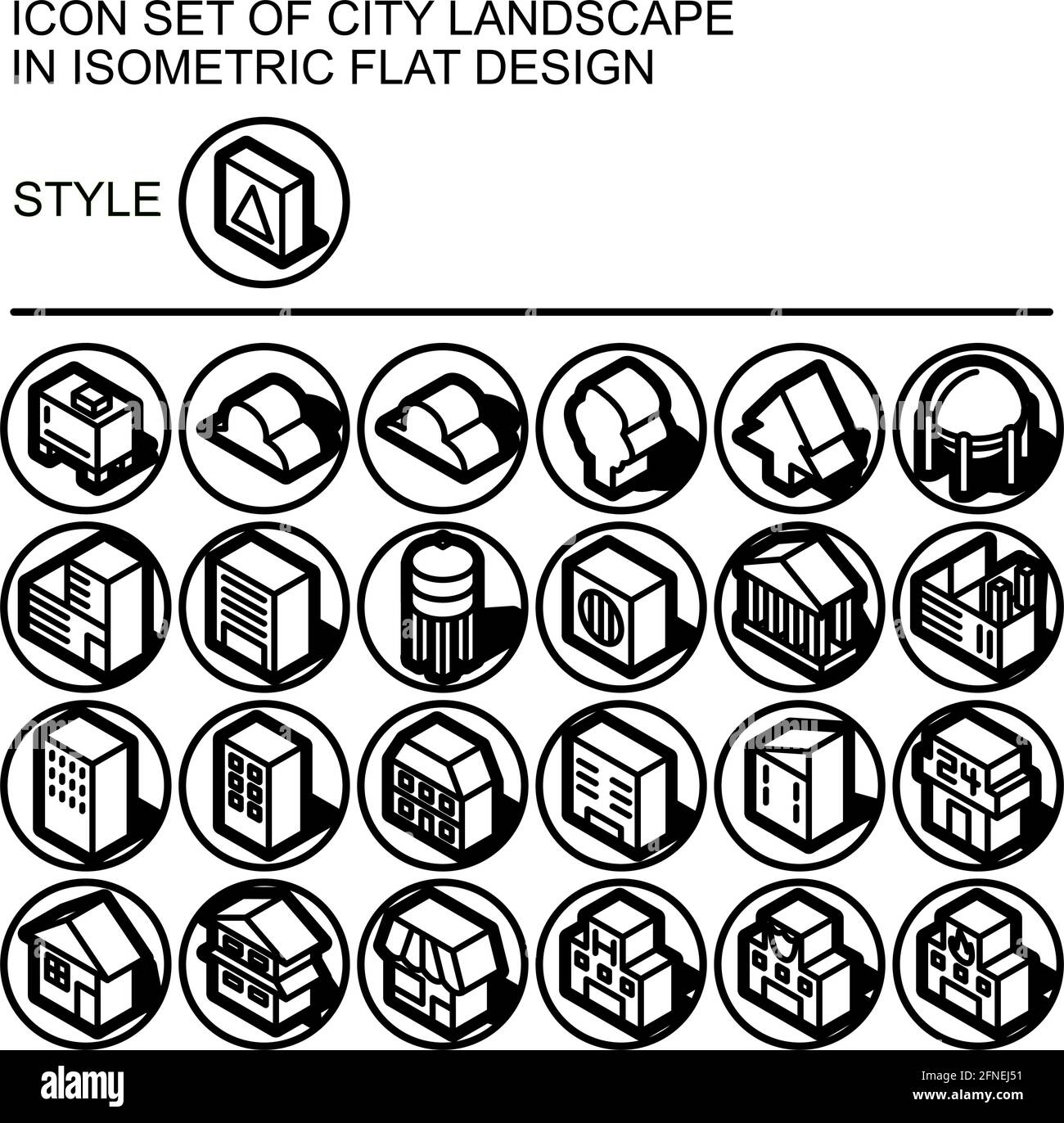 City landscape icon set in isometric flat design with black lines ...