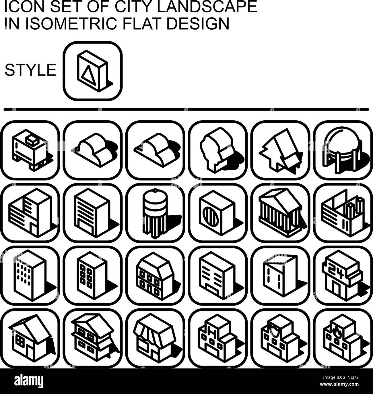 City landscape icon set in isometric flat design with black lines ...