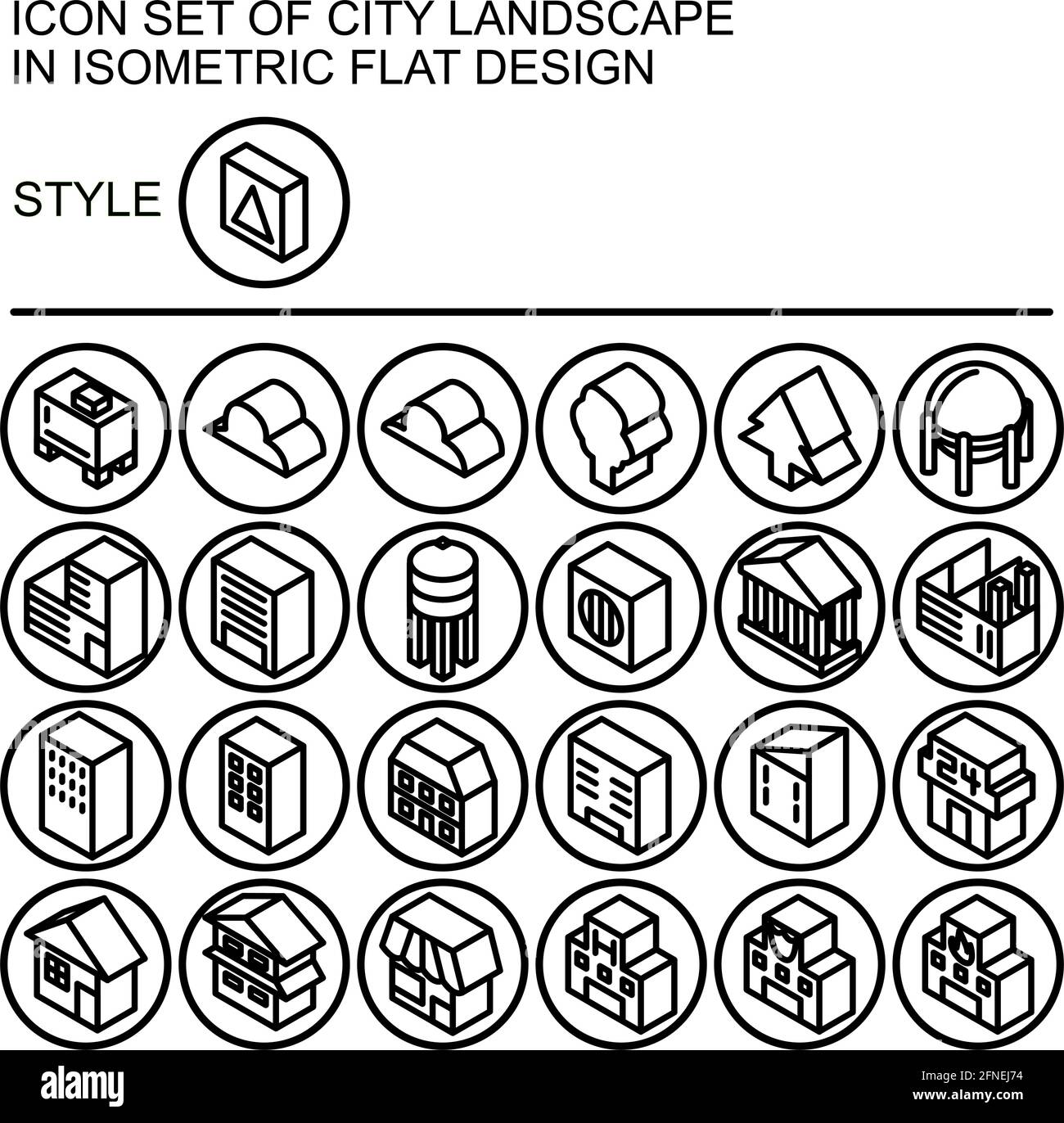 City landscape icon set in isometric flat design with black lines ...