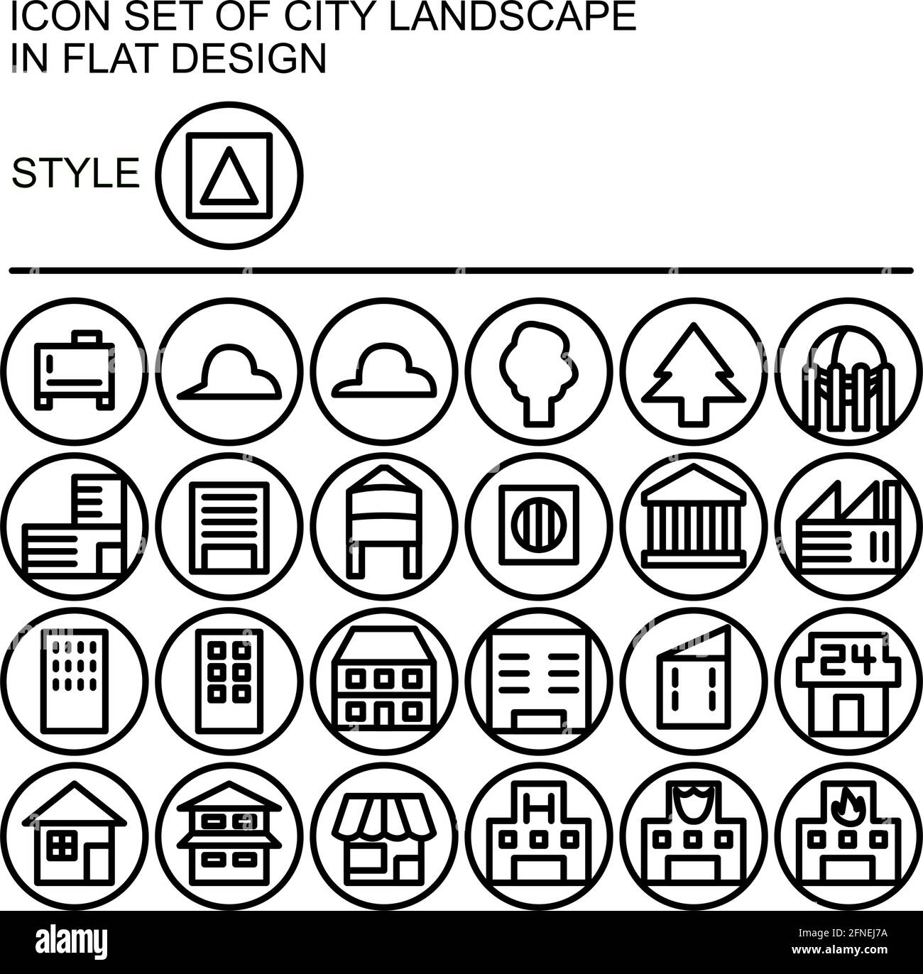 City landscape icon set in flat design with black lines, white fills on ...