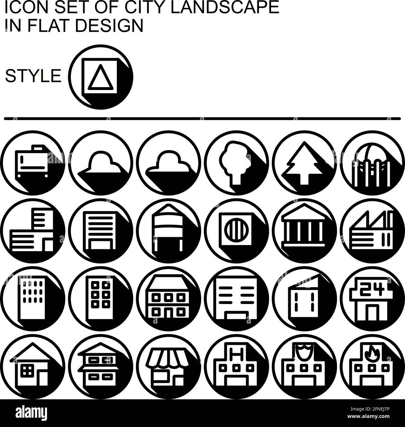 City landscape icon set in flat design with black lines, white fills ...
