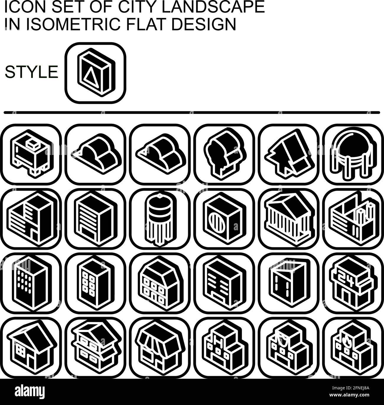 City landscape icon set in isometric flat design with white lines ...