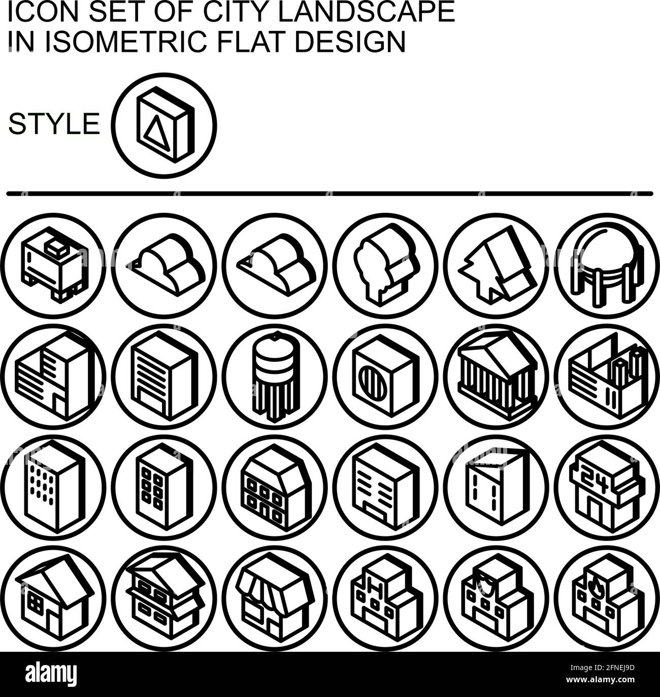 City landscape icon set in isometric flat design with black lines ...