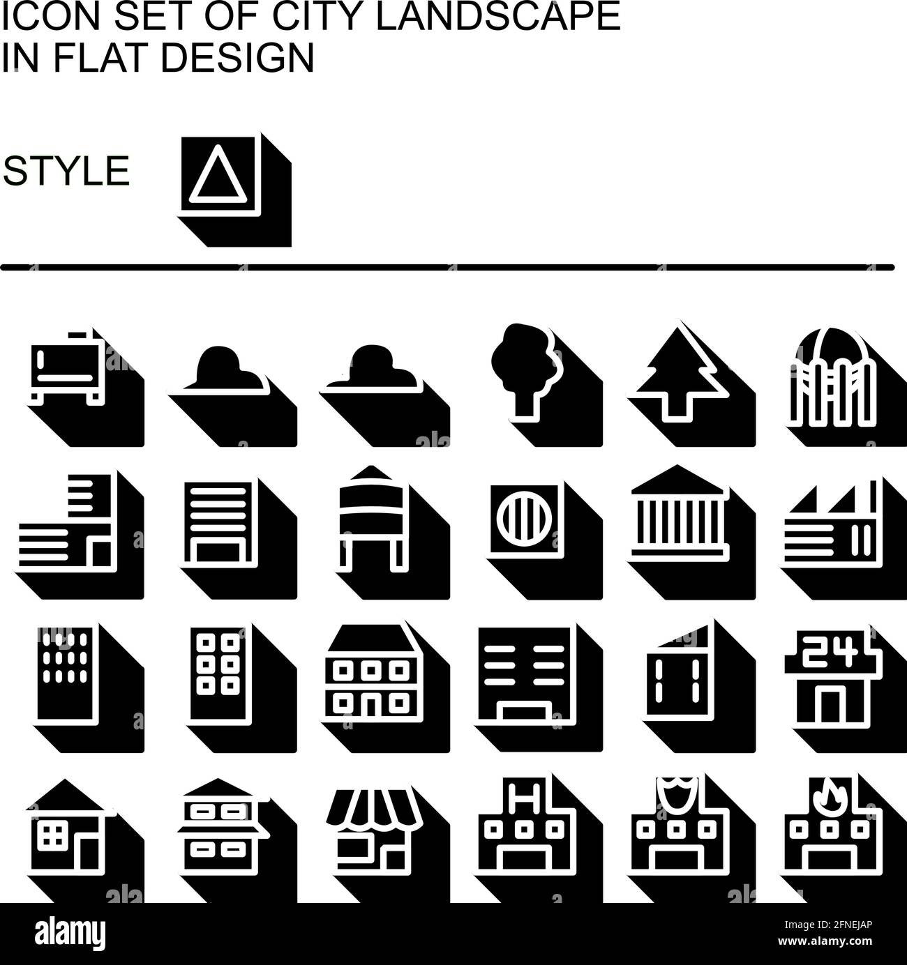 City landscape icon set in flat design with white lines, black fills ...
