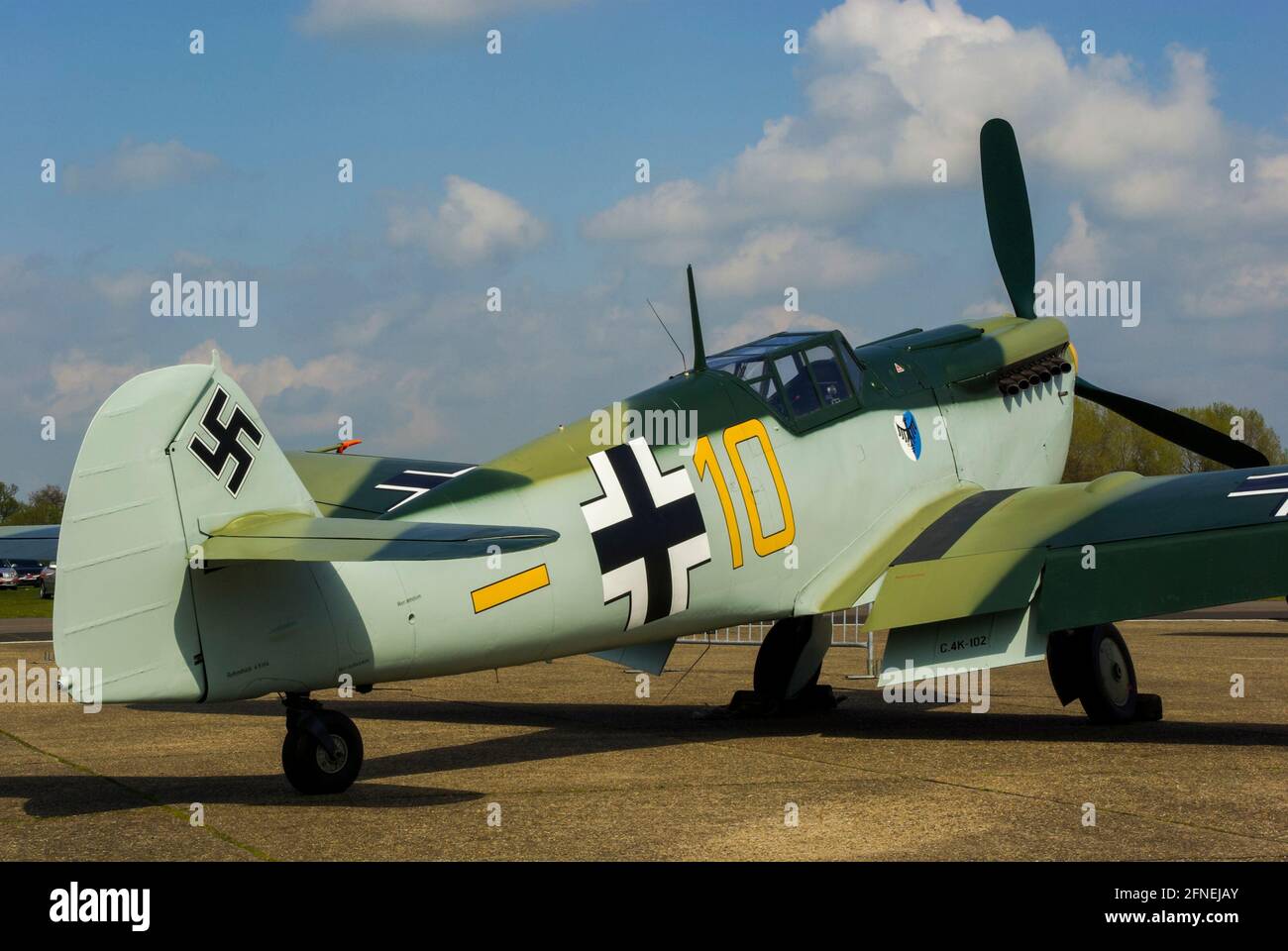 Debut public appearance of Hispano HA-1112 Buchon G-BWUE in Battle of Britain film Messerschmitt Bf109 Me109 German Luftwaffe fighter plane colours Stock Photo