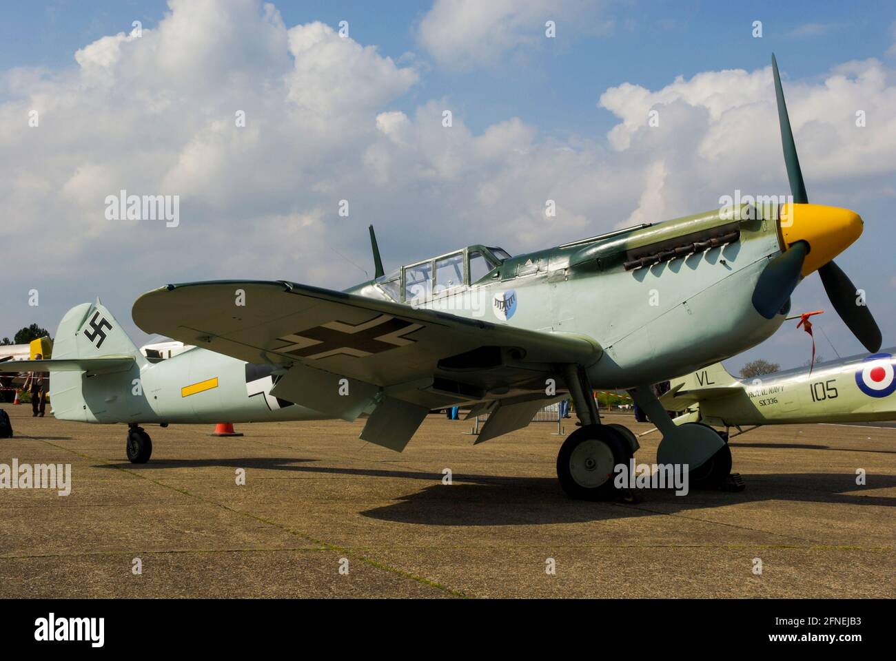 Debut public appearance of Hispano HA-1112 Buchon G-BWUE in Battle of Britain film Messerschmitt Bf109 Me109 German Luftwaffe fighter plane colours Stock Photo