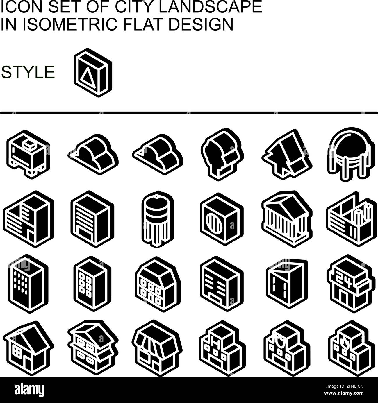 City landscape icon set in isometric flat design with white lines ...
