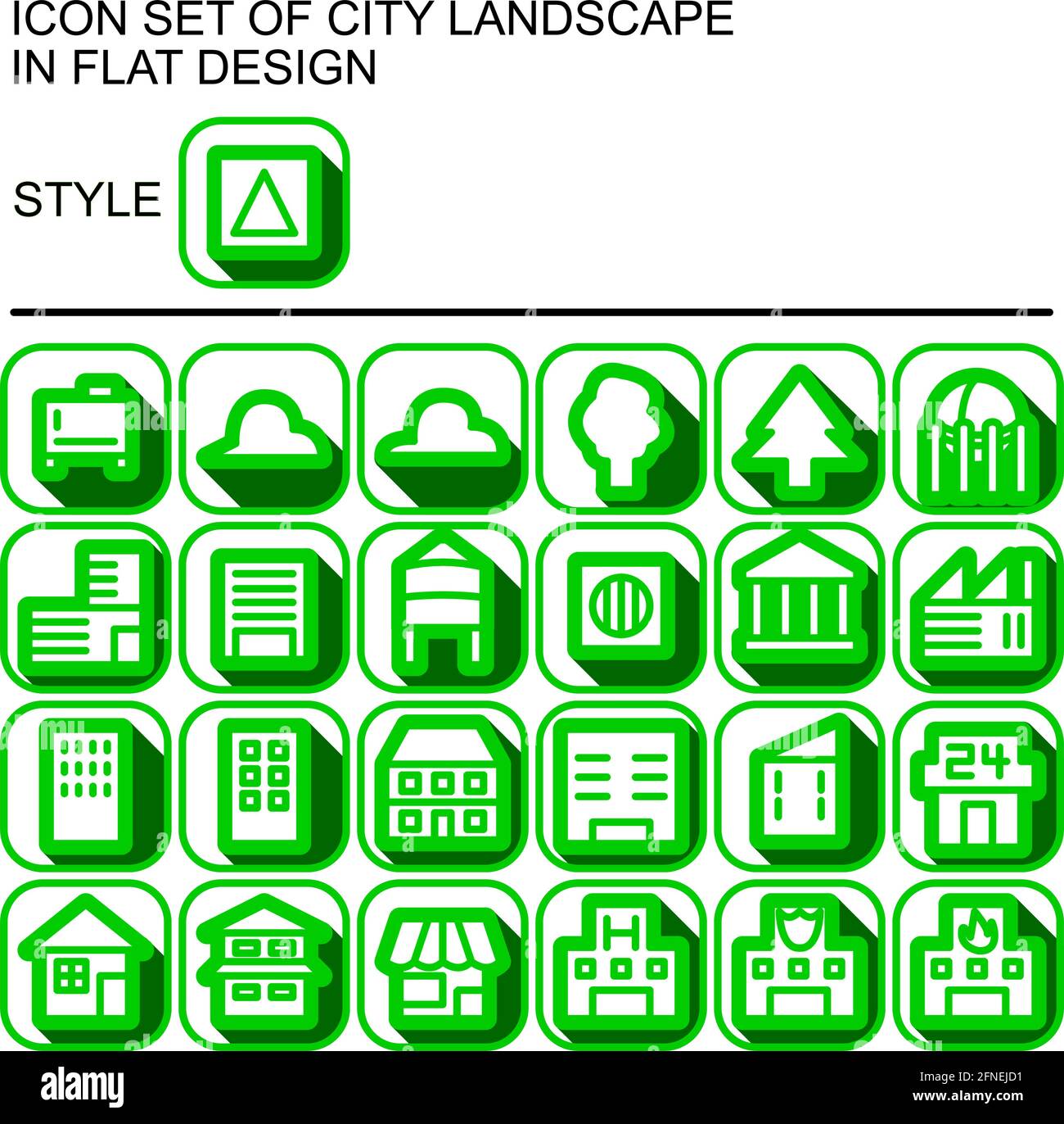 City landscape icon set in flat design with green lines, white fills ...