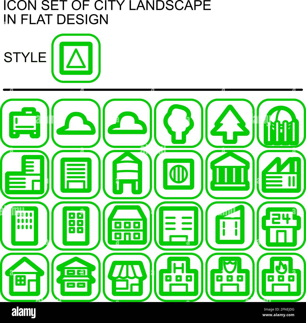 City landscape icon set in flat design with green lines, white fills ...