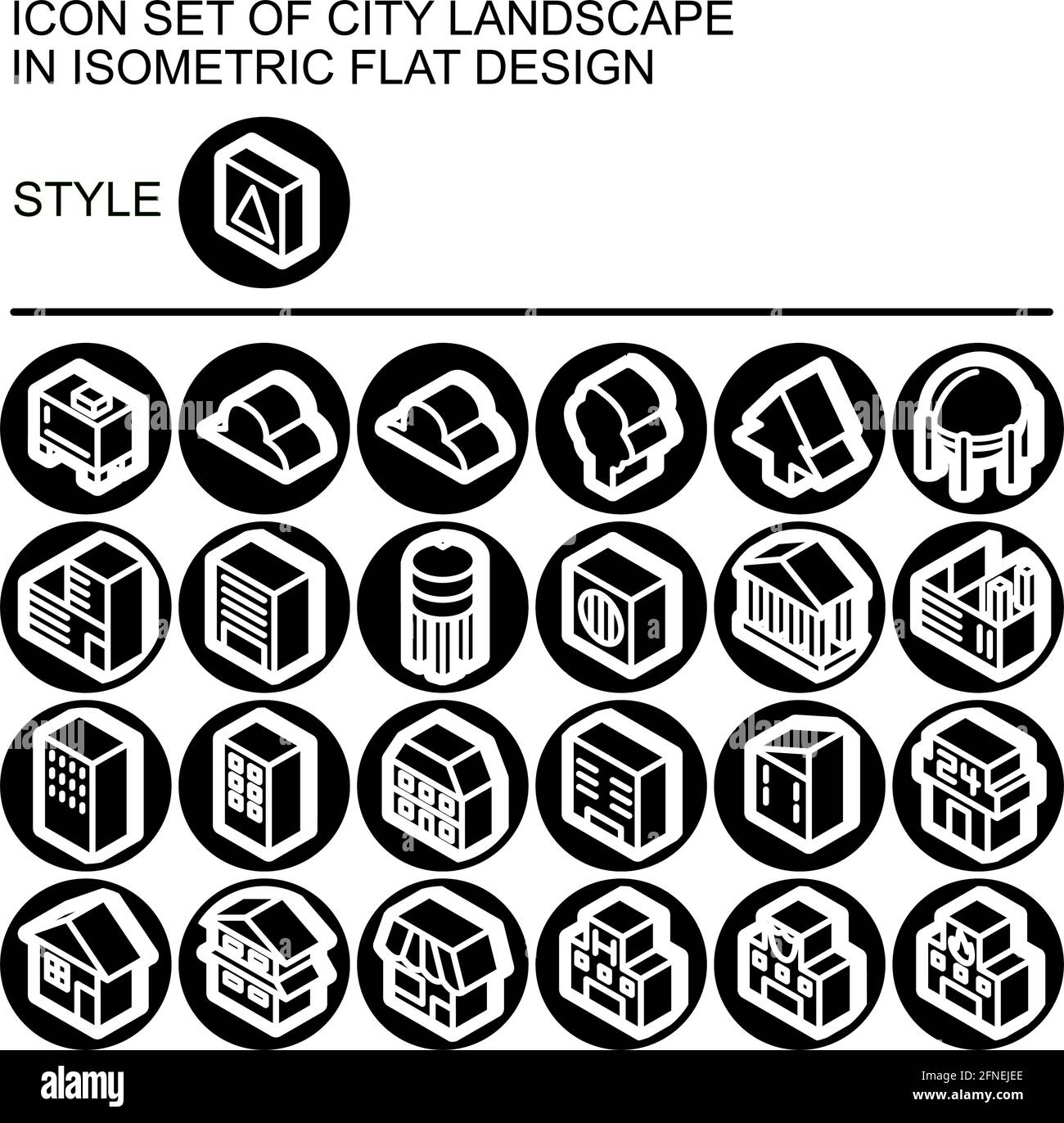City landscape icon set in isometric flat design with white lines ...
