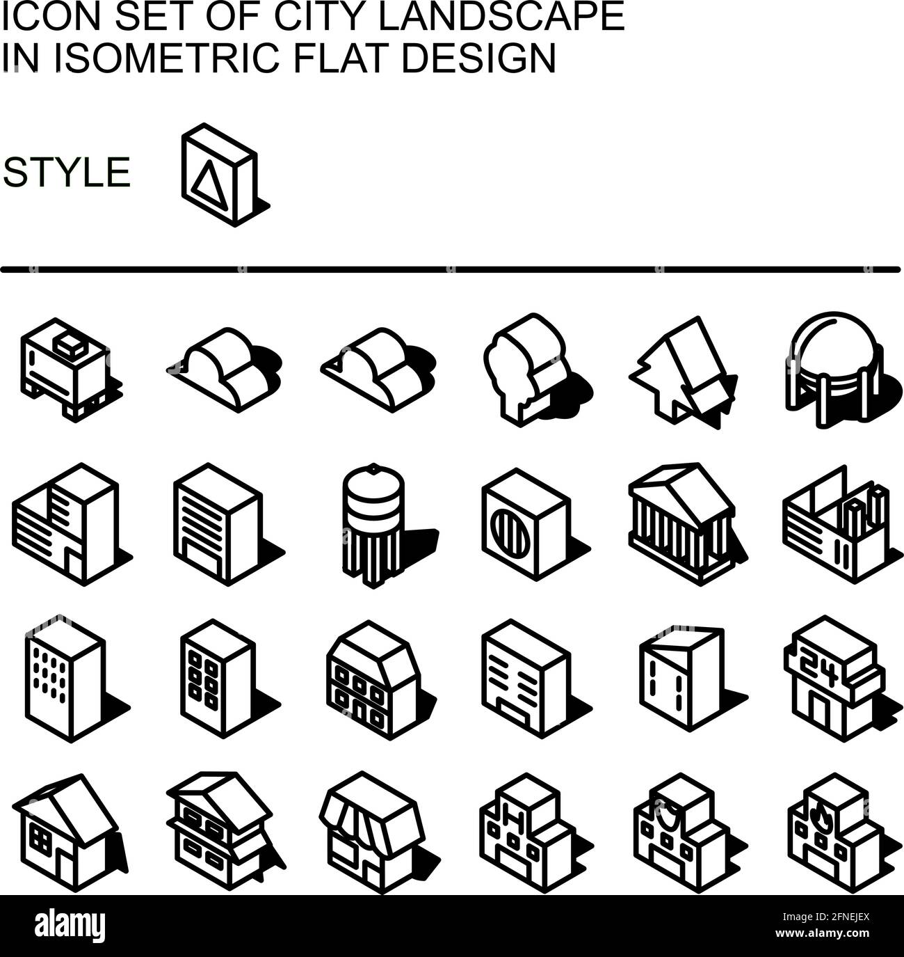 City landscape icon set in isometric flat design with black lines ...