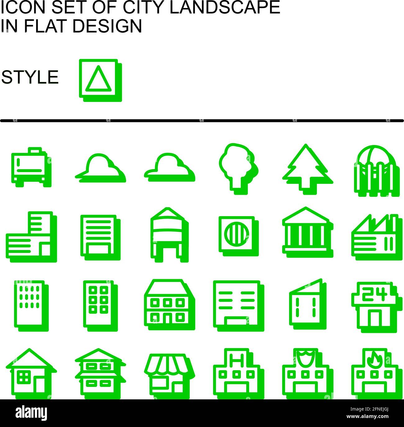 City landscape icon set in flat design with green lines, white fills ...