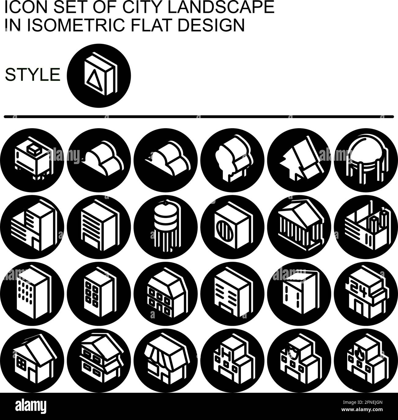 City landscape icon set in isometric flat design with black lines ...