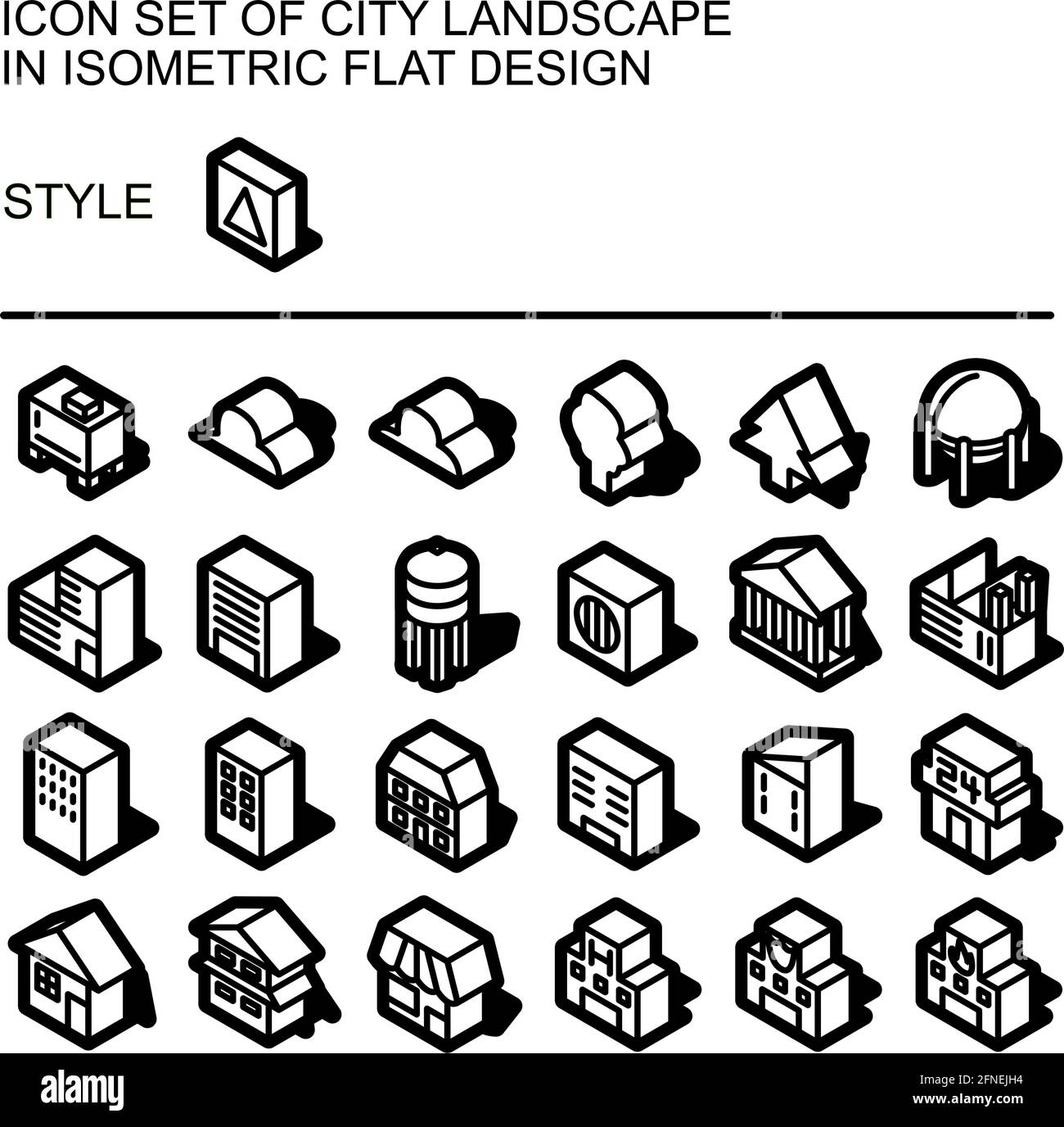 City landscape icon set in isometric flat design with black lines ...