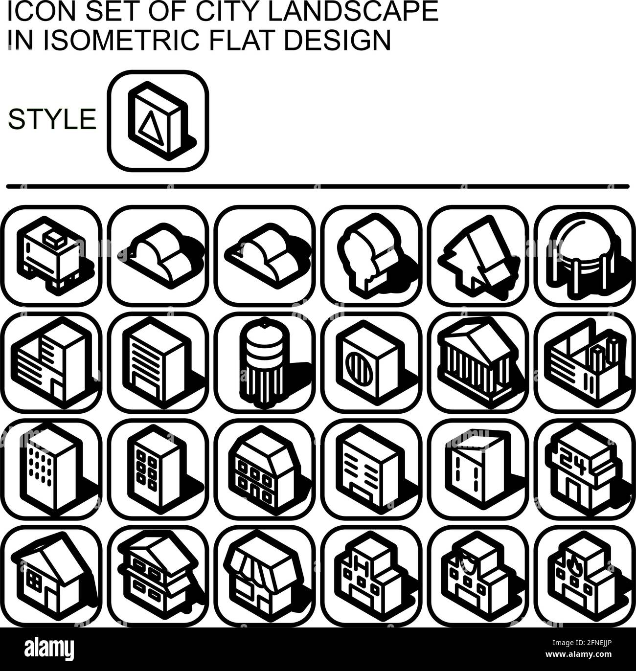 City landscape icon set in isometric flat design with black lines ...