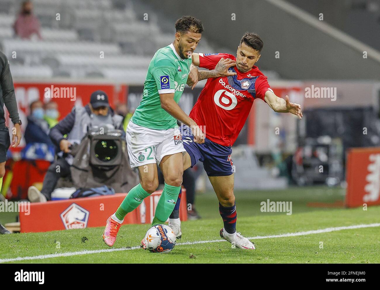Denis Bouanga of Saint-Etienne and Zeki Celik of LOSC during the French  championship Ligue 1 football match between LOSC Lille and AS Saint-Etienne  on May 16, 2021 at Pierre Mauroy stadium in
