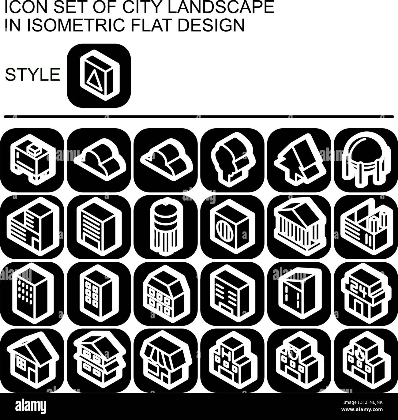 City landscape icon set in isometric flat design with white lines ...