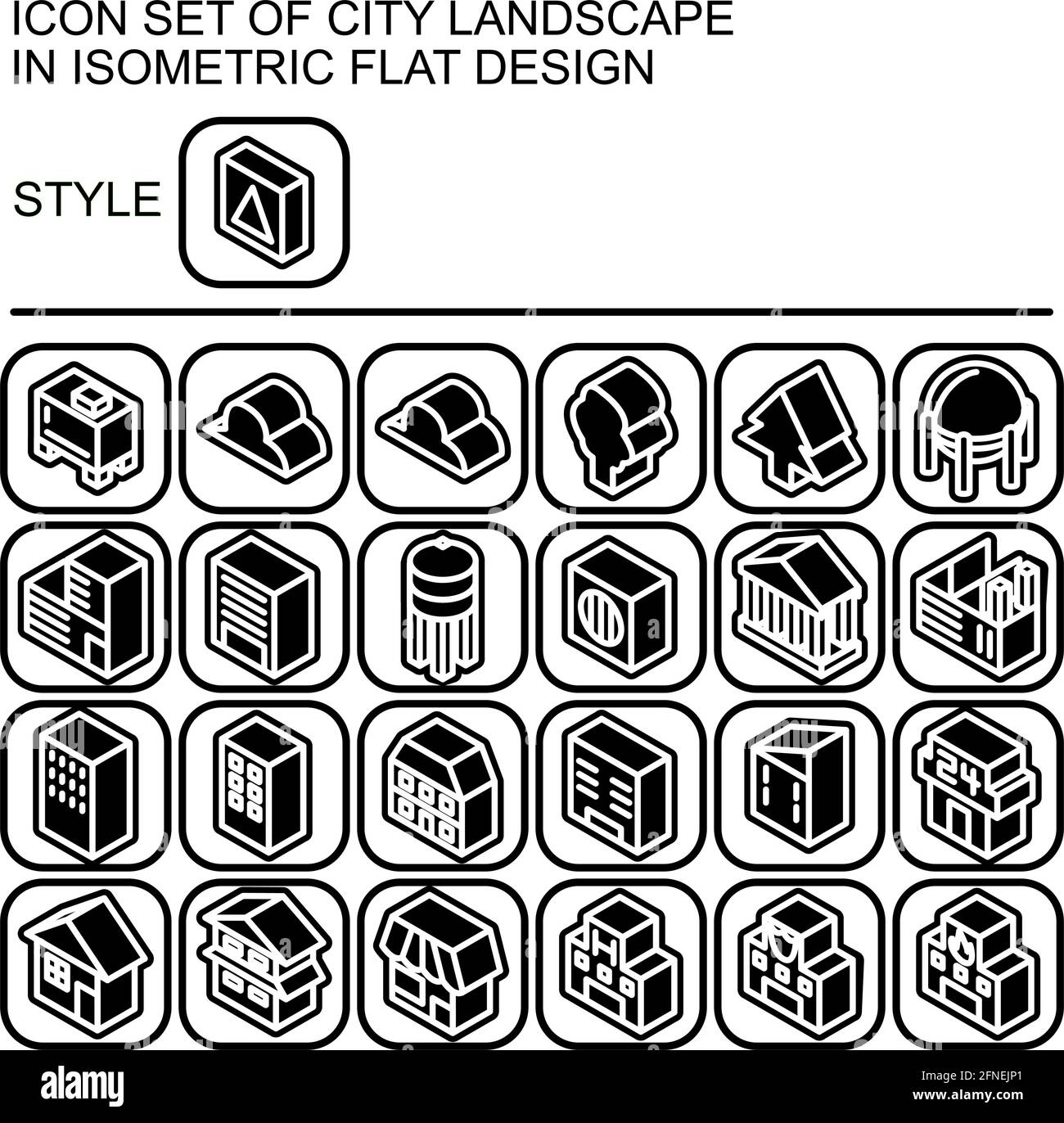City landscape icon set in isometric flat design with white lines ...
