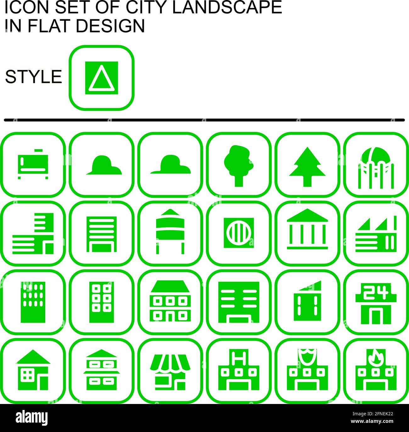 City landscape icon set in flat design with white lines, green fills on ...
