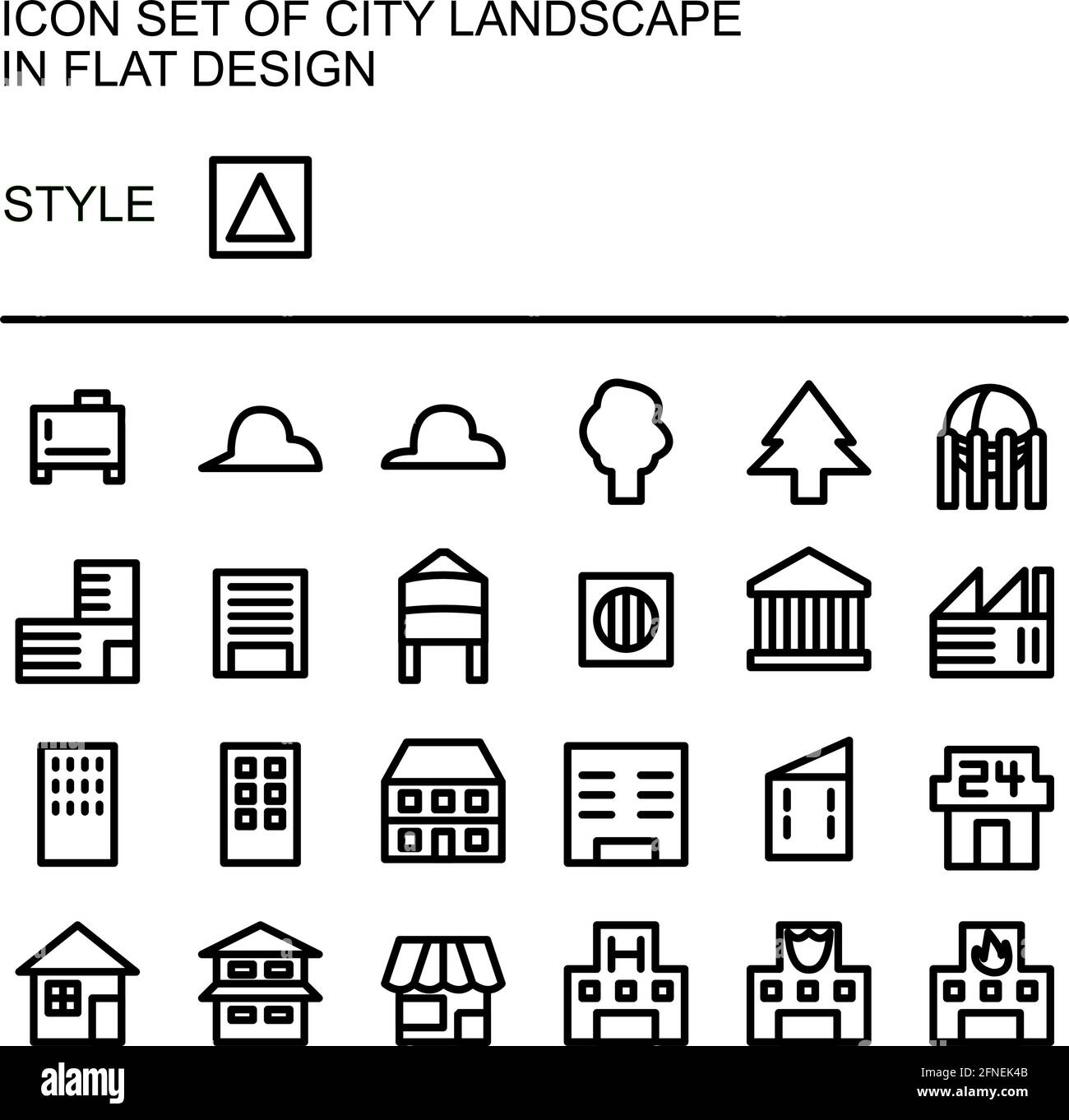 City landscape icon set in flat design with black lines, white fills ...