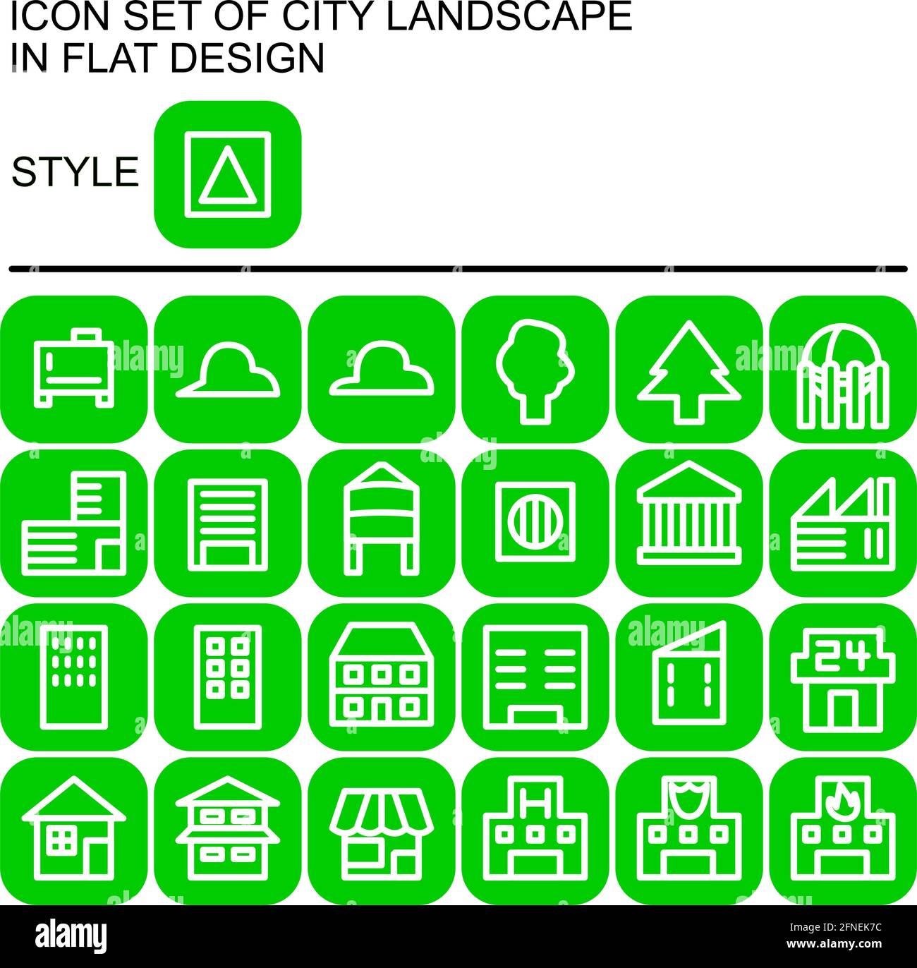 City landscape icon set in flat design with white lines, green fills on ...