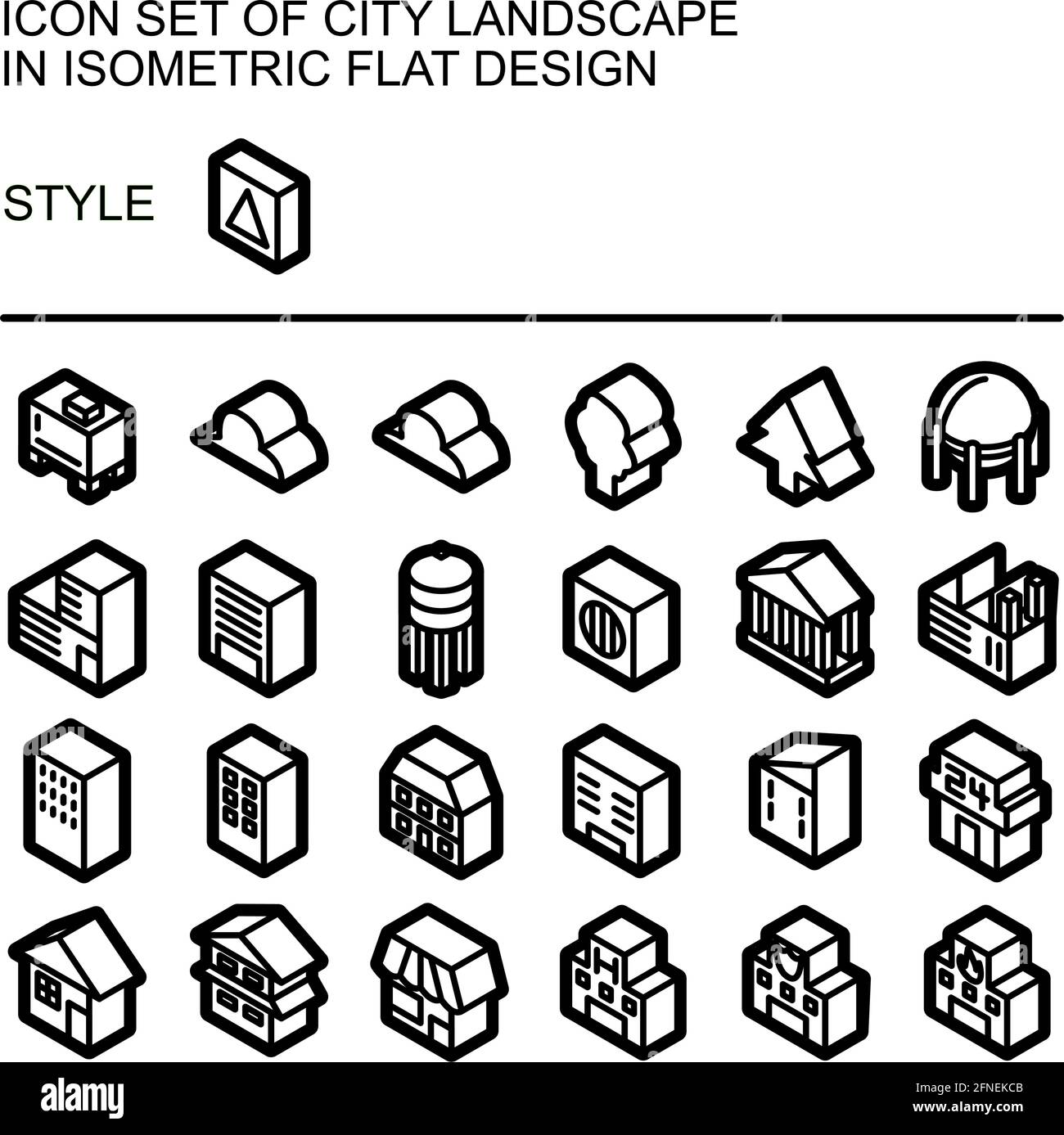 City landscape icon set in isometric flat design with black lines ...