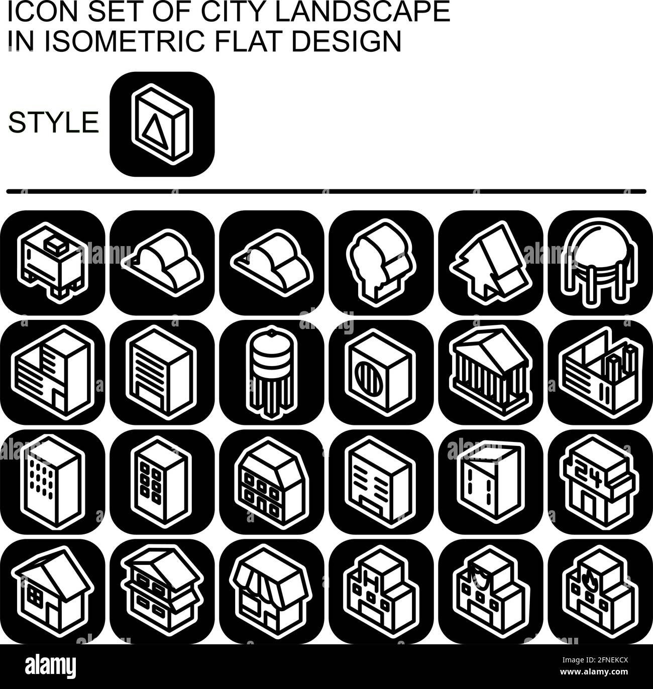 City landscape icon set in isometric flat design with black lines ...