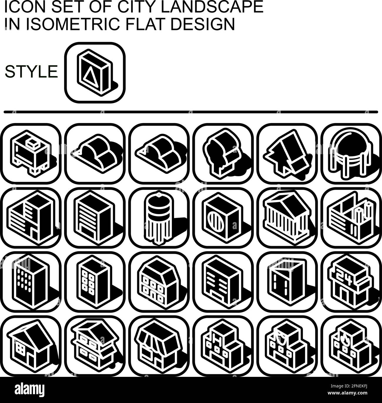 City landscape icon set in isometric flat design with white lines ...