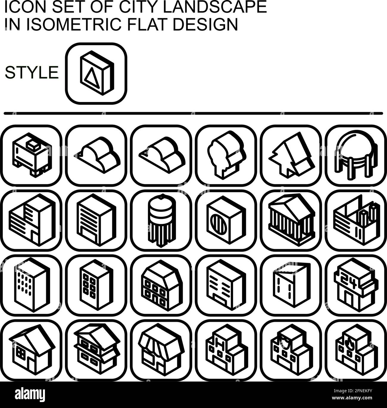 City landscape icon set in isometric flat design with black lines ...