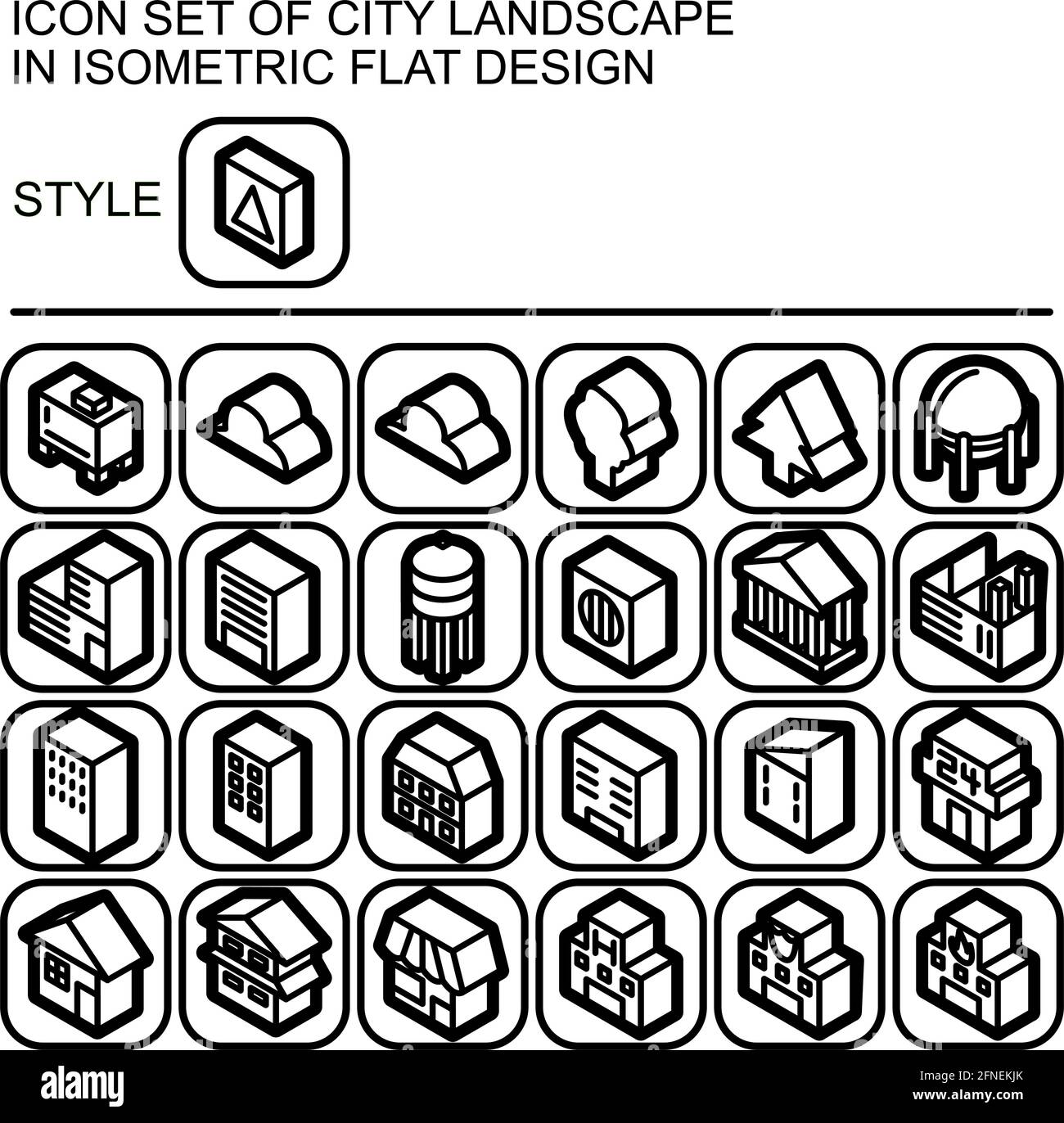 City landscape icon set in isometric flat design with black lines ...