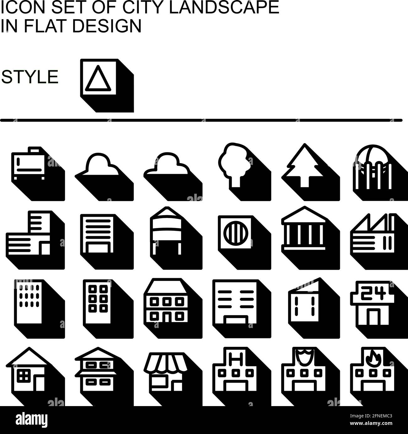 City landscape icon set in flat design with black lines, white fills ...