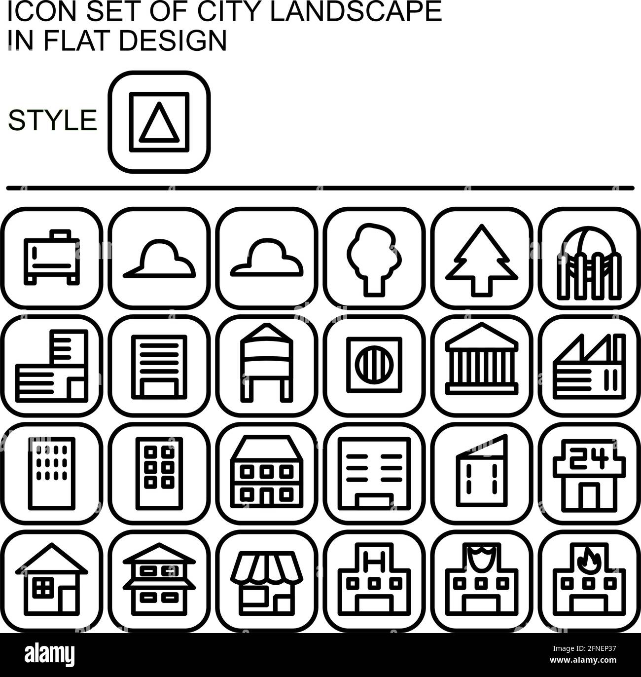 City landscape icon set in flat design with black lines, white fills on ...