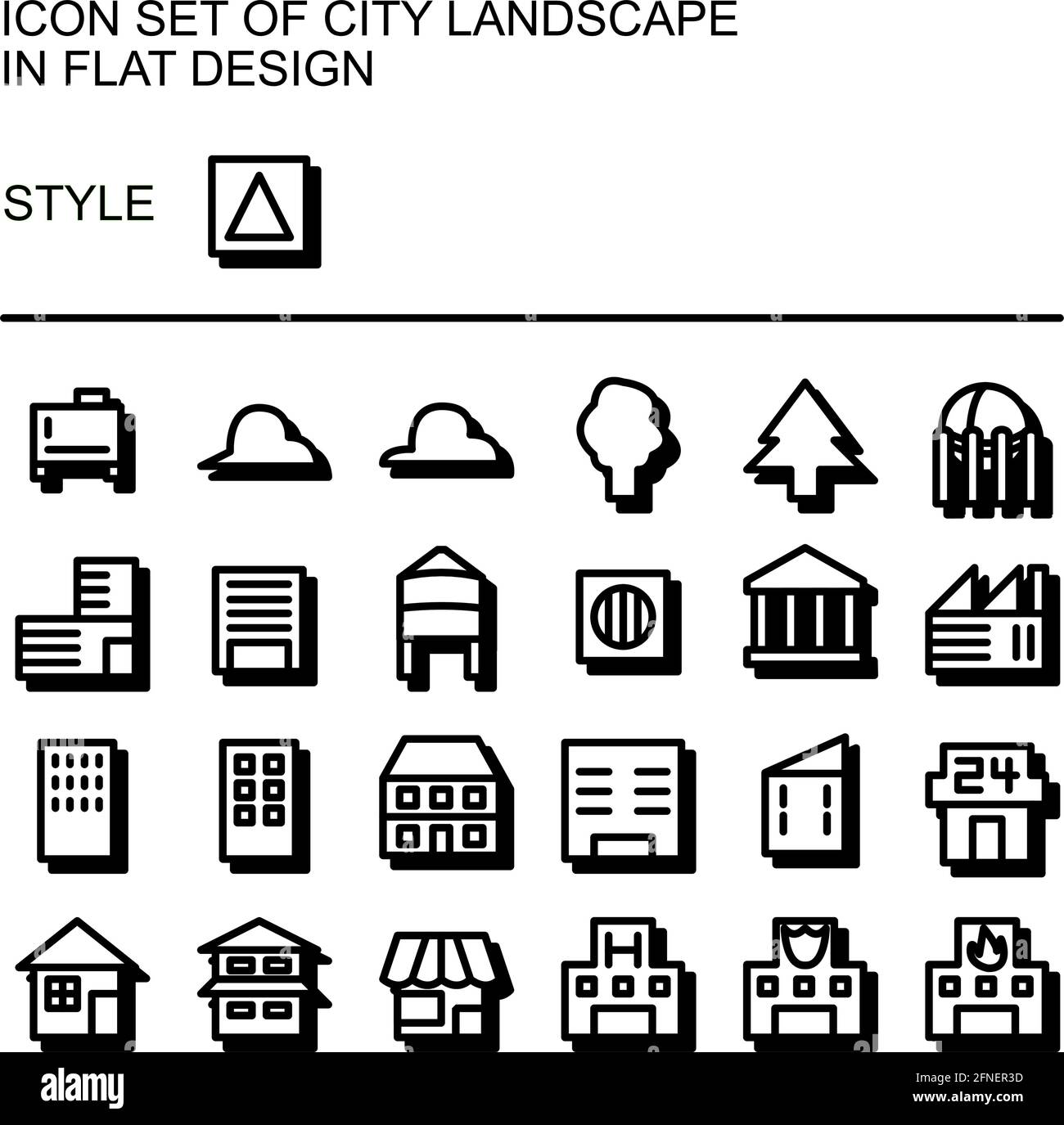 City landscape icon set in flat design with black lines, white fills ...