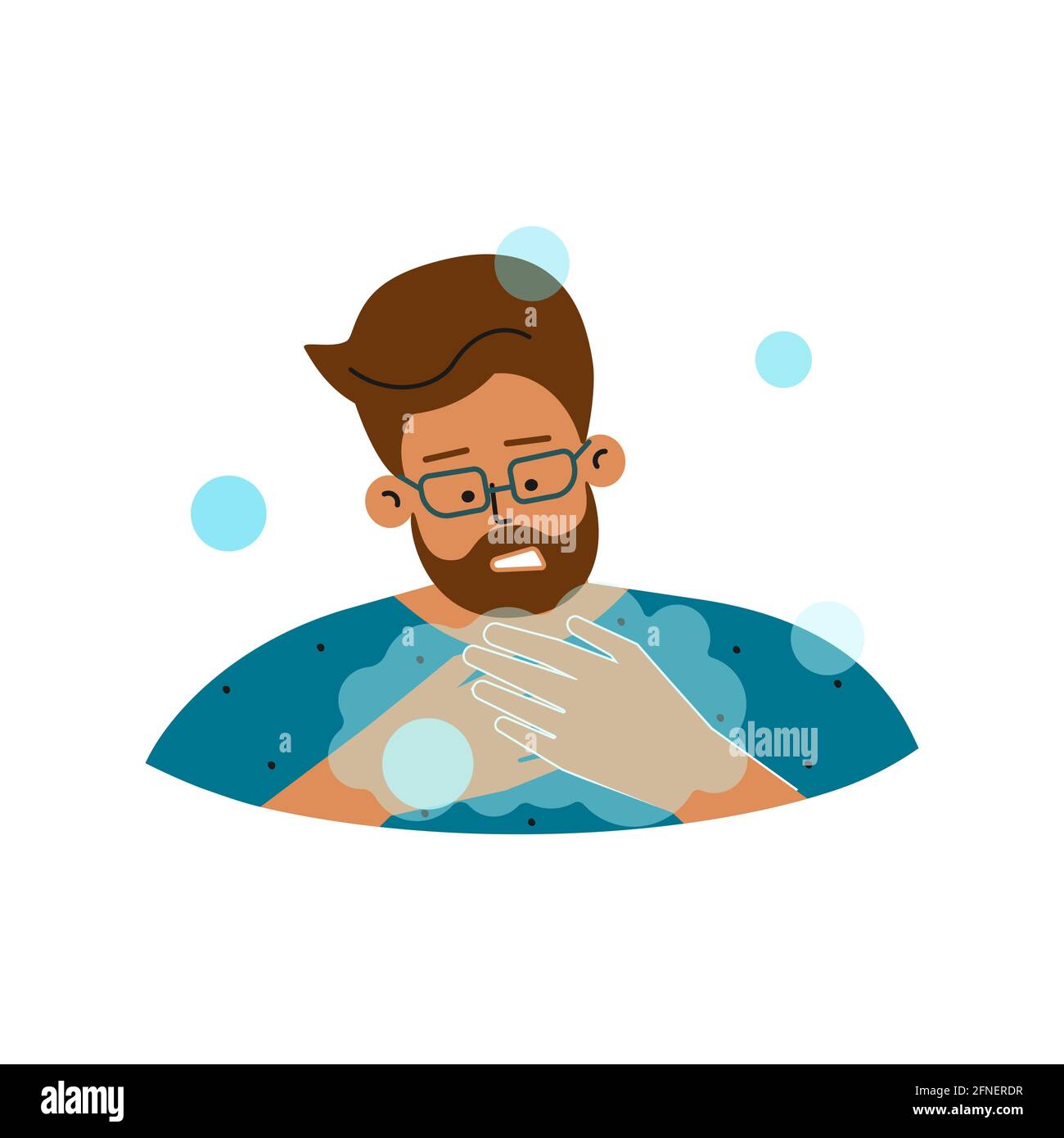 Vector flat isolated concept about guy with mental distress as obsessive-compulsive disorder. Caucasian man often feels compulsions to washing hand. H Stock Vector
